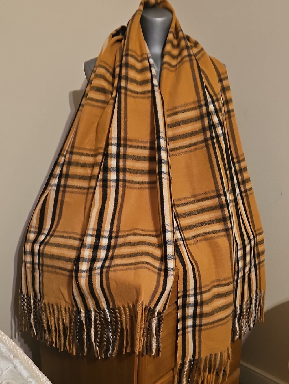 Steve Madden Mustard Plaid Fringe Scarf